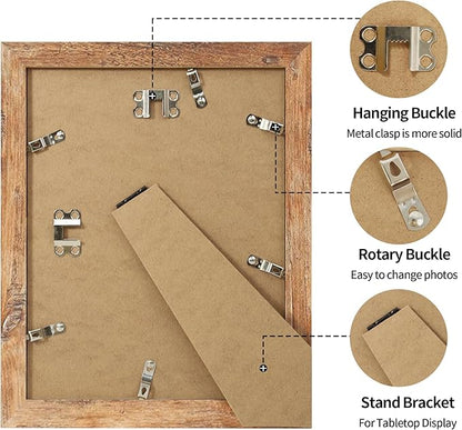 8.5x11 Picture Frame Set of 4, High Definition Real Glass Rustic Brown Frame, Wood Photo Frames 8.5 by 11 Diploma Document for Wall Hanging and Tabletop Display