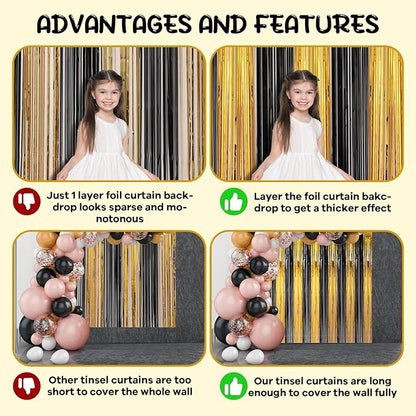 2 Pack Black and Gold Foil Fringe Backdrop Curtains, Tinsel Streamers Birthday Party Decorations, Fringe Backdrop for Graduation, Baby Shower, Gender Reveal, Disco Party