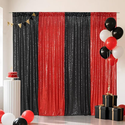 Eternal Beauty Black and Red Backdrop 4 PCS-2x8 Ft Sequin Curtain Panels for Christmas Party, Birthday