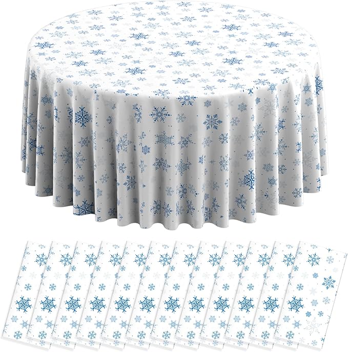 12 Pieces Christmas Snowflake Plastic Party Tablecloth Decorations,Disposable Blue Snowflake White Xmas Round Table Cover Backdrop for Winter Christmas Holiday Party Supplies,84 inch (Blue White)