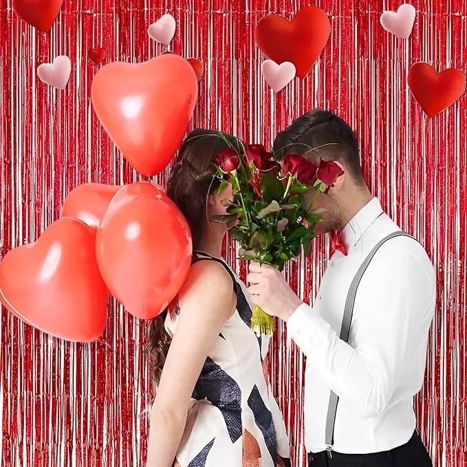 BRAVESHINE Red Tinsel Foil Fringe Curtains - 2Pcs 3.2x8.2ft Holidays Photo Booth Backdrop for Girl/Birthday/Valentine’s/Christmas/Bridal/Bachelorette/Anniversary/Engagement Party/Halloween Decorations