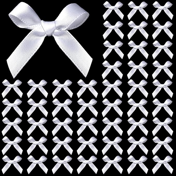 YGDZ 50 PCS Mini White Bows, Small Stain Ribbon White Bow for Crafts, Tiny Bows Decorations for Gift Wrapping, Wedding Party Favors, Cake, Balloons