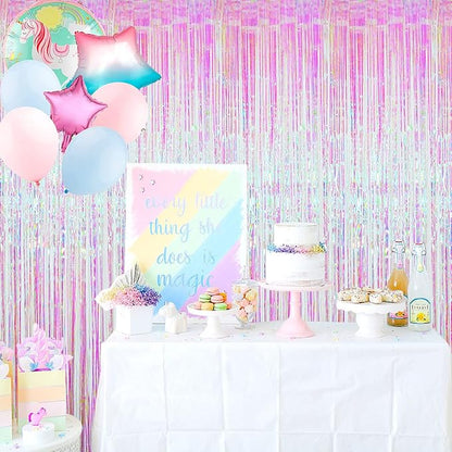 GOER 3.2 ft x 9.8 ft Metallic Tinsel Foil Fringe Curtains Party Photo Backdrop Party Streamers for Birthday,Graduation,New Year Eve Decorations Wedding Decor (4 Packs,Iridescent)