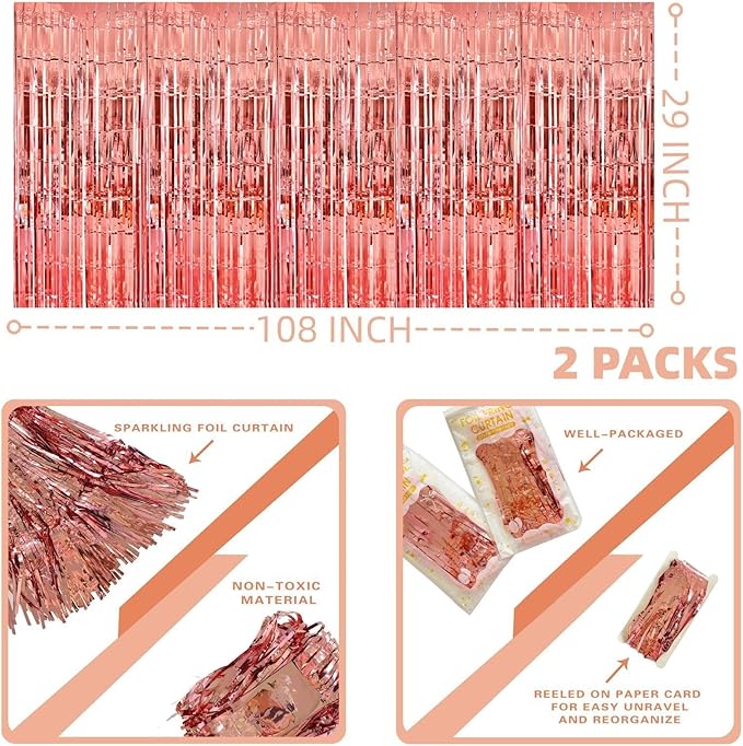 Rose Gold Streamers Party Decorations, 2 Packs Rose Gold Table Skirts Metallic Foil Fringe Tinsel for Bachelorette Birthday Wedding Graduation Float Parade Party Supplies - 29x108 Inch
