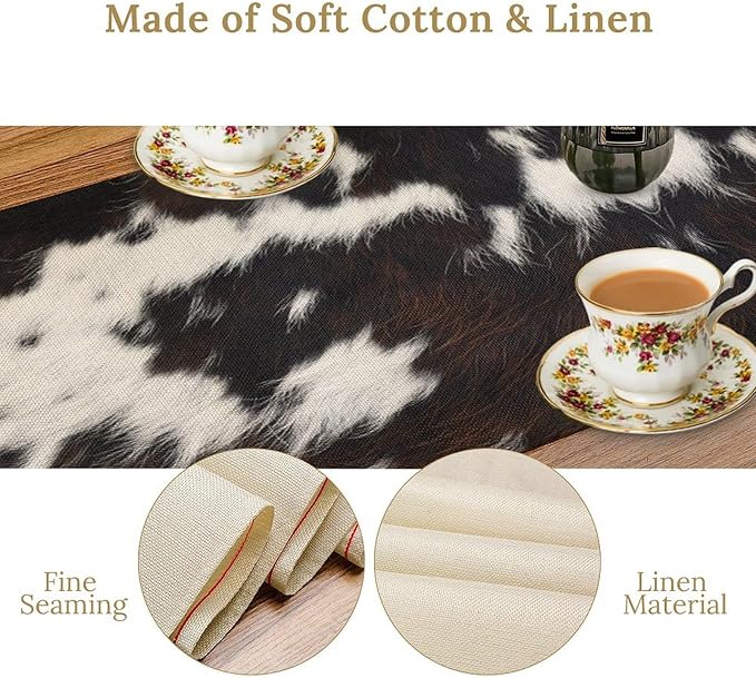 Cow Print Table Runner, Brown Cowhide Print Western Style Table Runner Country Farmhouse Cottage Cow Patten Table Decoration for Home Kitchen Dining, 13x70 Inch