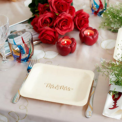 Mr. and Mrs. Disposable Wedding Plates – Rustic, Compostable Alternative to Plastic Plates for Wedding Receptions, Engagement Parties, and Rehearsal Dinners (Salad/Dessert, 50-Pack)