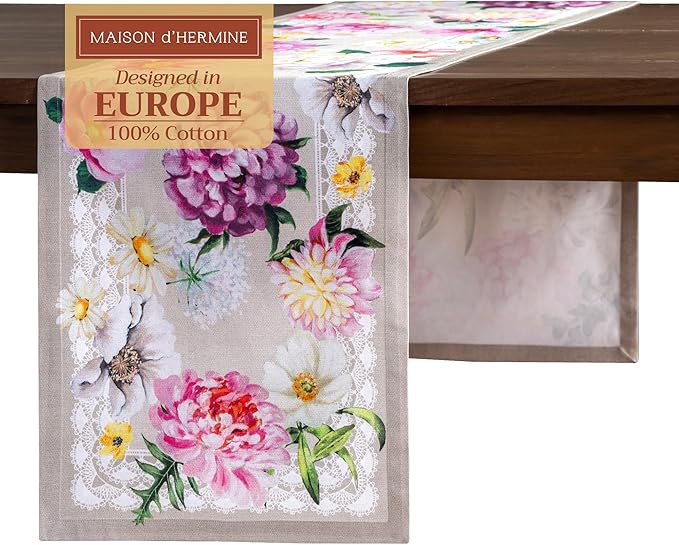 Maison d' Hermine Table Runner 100% Cotton Single Layer Table Runners 72 inches Long Decorative for Home Kitchen Dining Party Baby Shower Wedding Bridal Shower Spring Summer (Pivoine, 14.50" x 72")