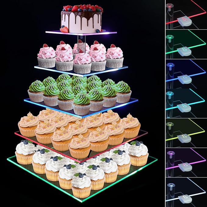 Cupcake Stand with Rechargeable Led, 5 Tier Clear Cupcake Holder, 7 Colors Light Cupcake Tower, Acrylic Dessert Table Display Set for Weddings, Christmas, Birthday, Parties, Baby Showers