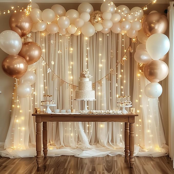 Fomcet Tulle Backdrop Curtains Champagne 30FT X 10FT Tulle Curtain with Lights String Sheer Backdrop Curtains for Parties Wedding Baby Shower Photo Shoot Decorations (6 Panels 5 x 10FT)