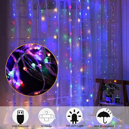 HOME LIGHTING Window Curtain String Lights, 300 LED 8 Lighting Modes Fairy Copper Light with Remote, USB Powered Waterproof for Christmas Bedroom Party Wedding Home Garden Wall Decorations, Multicolor