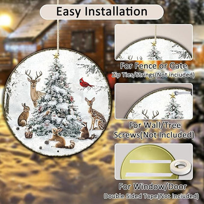 Round Christmas Snow Animals Metal Tin Sign - Vintage Christmas Tree & Winter Sign for Home & Outdoor Decorations - 12 * 12 in