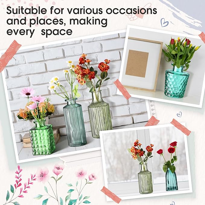 Yaomiao 30 Pcs Vases Bulk Colored Flower Glass Vases Bud Vintage Colored Glass Bottles Colorful Rustic Embossed for Home Wedding Table Decorations Gifts(Green Series)