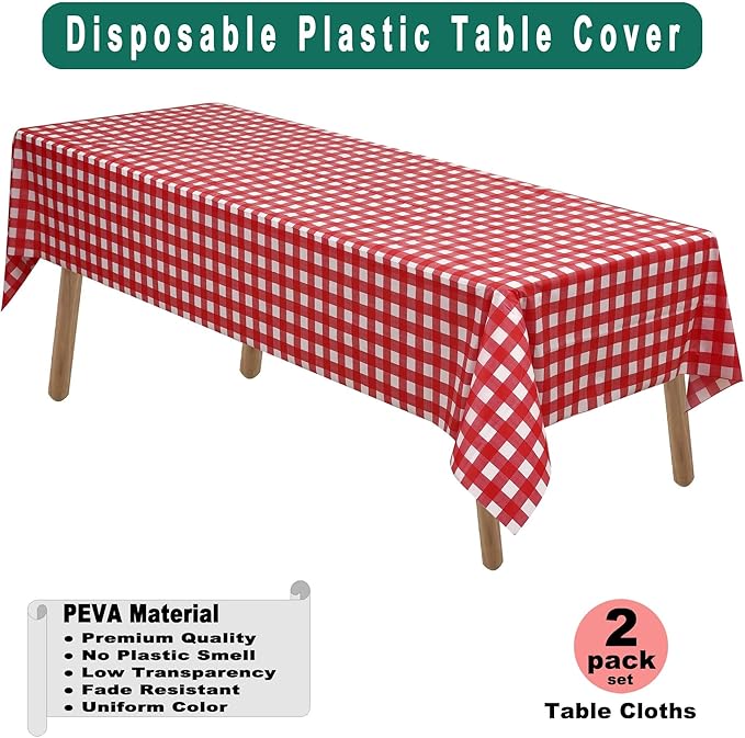 Red Gingham Checkered Plastic Tablecloths 2 Pack Disposable Table Covers 54 x 108 Inch Party Tablecovers Buffalo Plaid Table Cloths for BBQ Picnic Birthday Wedding Parties 8 ft Rectangle Table Use