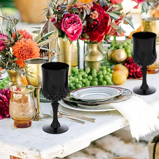 JLYLOL Plastic Vintage Wine Glasses 7OZ Plastic Goblets Vintage Drinking Glasses 48PCS Retro Wedding Glassware Water Goblets Reusable Drinking Cups for Party,Reception,Celebration,Bar,Whiskey(Black)