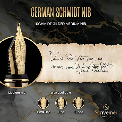 Scriveiner Luxury Fountain Pen - Stunning Luxury Pen, Real Gold Finish, Schmidt Gilded Nib (Medium), Converter, Best Pen Gift Set for Men & Women, Professional, Executive, Office, Nice Pens