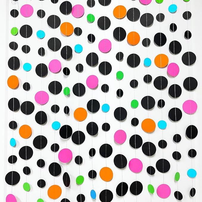 Black and Colorful Circle Dots Hanging Paper Streamer Black Multi-Color Polka Dot Banner for Birthday Bachelorette Wedding Baby Shower Fiesta Disco Halloween Party Decorations Supplies