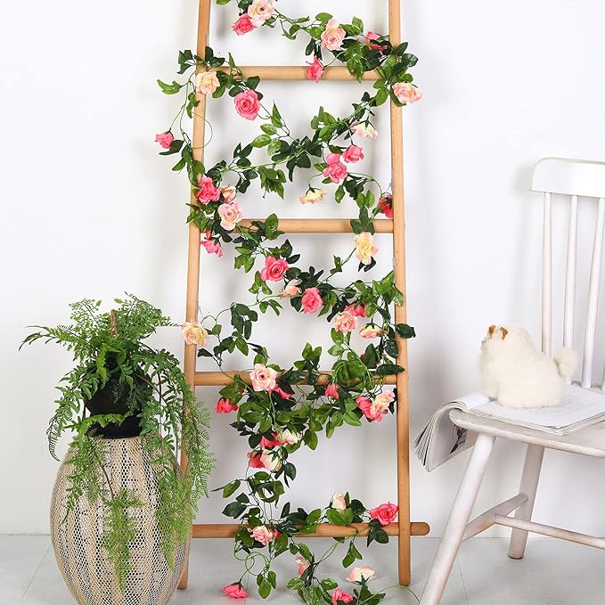 JUSTOYOU Artificial Rose Garland Vines Pink Flowers Hanging Silk Rose Vine for Wedding Home Office Arch Arrangement Decoration 7.6FT(2PCS)
