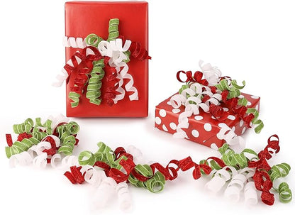 6" Metallic Glitter Red and Lime Green Self Adhesive Curly Ribbon Gift Wrap Bows for Christmas, Holiday, Birthday, Wedding, Presents, Party Favors Decorations 6-Count