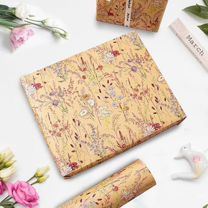 Tyzarglef Wild Flower Wrapping Paper Roll, 17 Inches x 32.8 Feet Kraft Floral Design Wrapping Paper for Women Girls Gifts, Birthdays, Weddings, Bridal Shower and Engagement