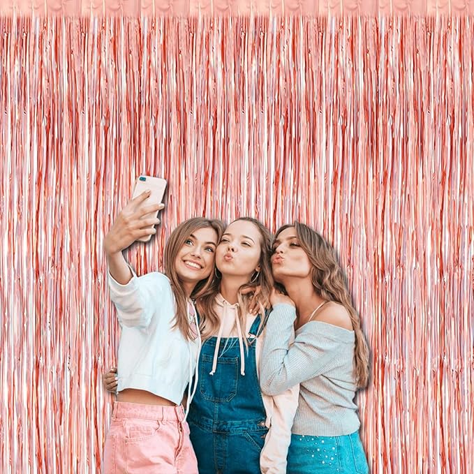 4 Pack Rose Gold Foil Fringe Curtain Backdrop, 3.28Ft x 8.2Ft Metallic Tinsel Foil Fringe Streamers Curtains for Party,