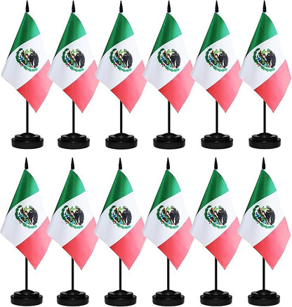 12 Pack Mexico Desk Flags Set, Mexican Small Mini Table Office Flags with 12" Solid Black Pole, 8.2 x 5.5 Inches, Home and Office Decoration, Festival Celebrations