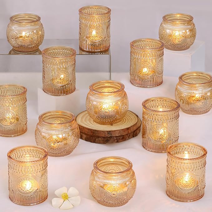 DARJEN 24Pcs Gold Votive Candle Holders - Glass Candle Holder Bulk for Table Centerpiece, Tea Lights Candle Holders for Home, Christmas Party & Wedding Shower