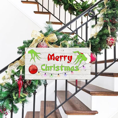 Merry Christmas Hanging Door Sign, Crazy Funny Green Festive Wooden Wall Welcome Decor Winter Farmhouse Style Outdoor Indoor Xmas Tree Ornaments for Home Office Holiday Party