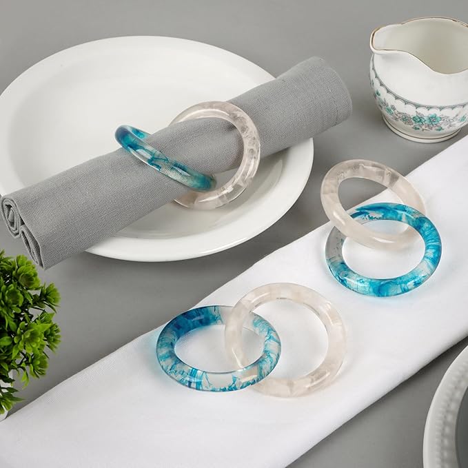 Set of 8 Epoxy Resin Napkin Ring - Interlocked Handmade Farmhouse Table Decor for Dining, Weddings, Holidays - Durable Elegant Napkin Holders for Special Occasion Blue Opaque - CLEENTABLE