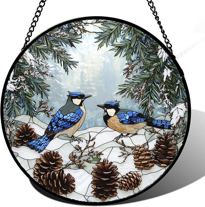 Stained Glass Window Hanging - Blue Bird Winter Forest Landscape Suncatcher for Door Garden Yard Sun Catchers Decor Christmas Mother's Day Birthday Gifts for Women Mom Nana Friend 7.8 in
