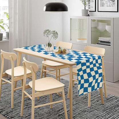 Table Flag Retro Plaid 60s70s Blue Plaid Table Flag Kitchen Restaurant Decoration Suitable for Indoor and Outdoor Festival Home Wedding Party Table Flag 13x120