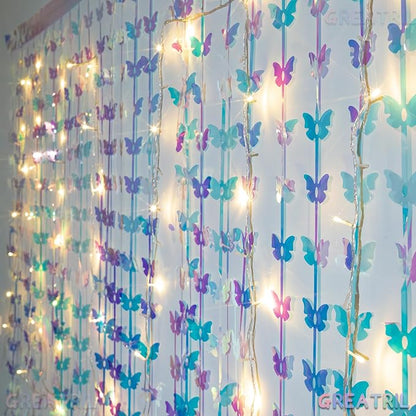 Iridescent Butterfly Fringe Party Backdrop - GREATRIL Fairy Streamers for Butterfly Princess Themed Birthdays Party Decoration - 3.2ft x 6.5ft - 2 Packs