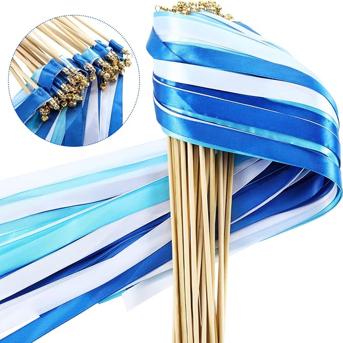 Boao 40 Pieces Mixed Color Ribbon Sticks with Bell, Ribbon Sticks for Stick Party, Streamers for Wedding Birthday Party Celebration Baby Shower Favors(Blue)