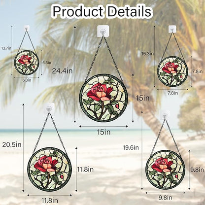 Stained Glass Window Hanging, Red Rose Flowers Sun Catcher for Door Garden Home Decor Suncatcher Christmas Mother's Day Birthday Gifts for Women Lovers Men Wife Girlfriend Mom Nana 9.8 in