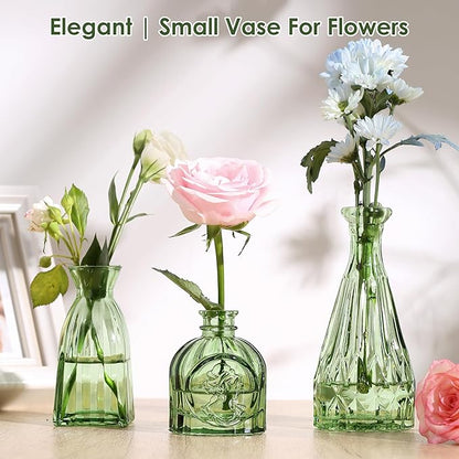 Vintage Small Glass Vases Set of 10,Mini Bud Vases for Flowers,Amber Glass Vases for Centerpieces,Wedding Decorations,Home Table Flower Decor (Hunt Green)