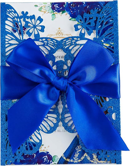 20 PCS 5.12x7.2 Butterfly Quinceanera Invitation, Laser Cut Wedding Invitation Cards with Envelopes for XV Anos Bridal Shower Baby Shower Invite (Blue Glitter)