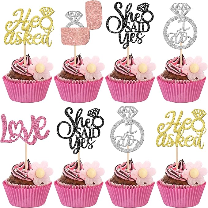 30 PCS He Asked She Said Yes Cupcake Toppers Diamond Ring Cupcake Picks Love I Do Bridal Shower Cake Decorations for Wedding Enaggement Theme Party Supplies Colorful