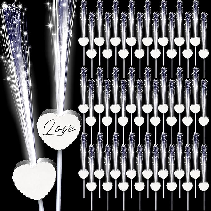 50 Pcs Wedding Sparklers Heart Shaped LED Glow Sticks Fiber Optic Wands Light up Wand with 3 Light Mode for Wedding Bridal Shower Birthday Glow in The Dark Party Supplies (White)