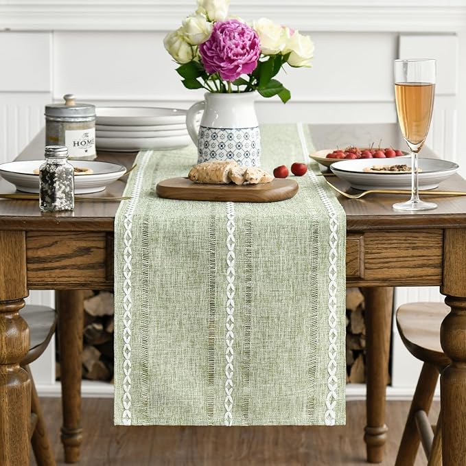 Artoid Mode Sage Green Rustic Cotton Linen Table Runner, Seasonal Embroidered Hollow Kitchen Dining Table Decoration for Home Party Decor 13x72 Inch