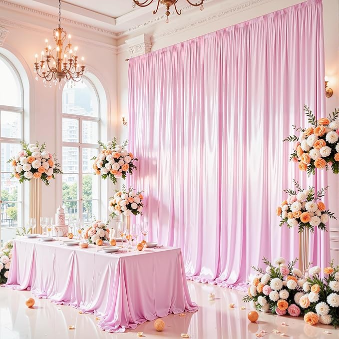 Pink Satin Backdrop Curtains 2 Panels - Glitter Photo Drapes for Baby Shower, 10x10FT Shimmer Back Drop Cloth, Wrinkle Free for Birthday Party Prom Wedding Photography Background