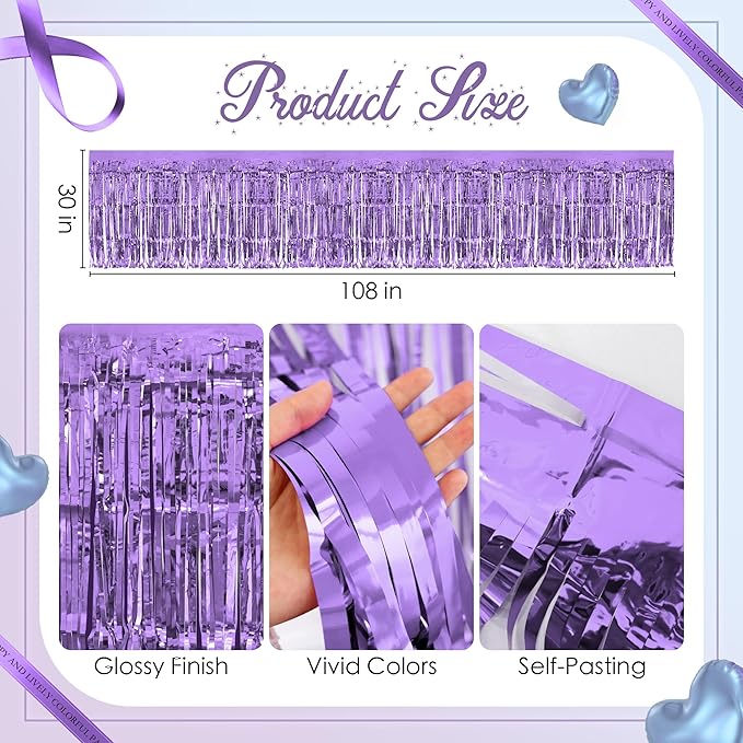 2 Pack Light Blue Light Purple Table Skirts, 29x108" Metallic Foil Tinsel Fringe Table Skirt for Rectangle Tables Streamer Curtains Backdrop, Party Decorations for Birthdays, Weddings, Holidays