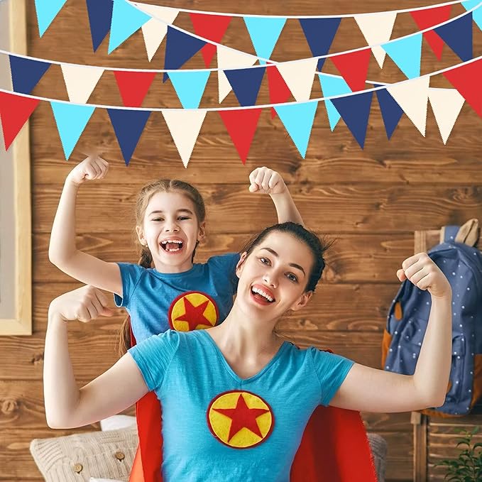 32Ft Red Blue White Nautical Pennant Banner Fabric Triangle Flag Bunting Garland Streamer for Nautical Theme Birthday Ahoy Achor Pirate Baby Shower Wedding Party Home Outdoor Garden Hanging Decoration