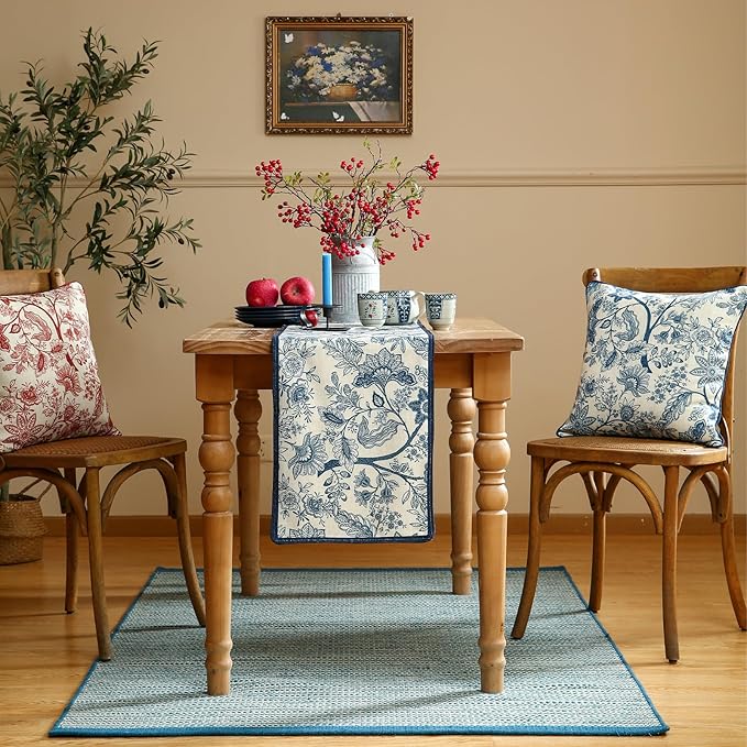 ISAENNE Designer Chinoiserie Elegant Linen Table Runner 102 Inches Long,Blue Floral Pattern Decor Table Runners for Thanksgiving,Dining Room,Banquet,Kitchen Tables,Christmas,12"*102"-Ruyi B