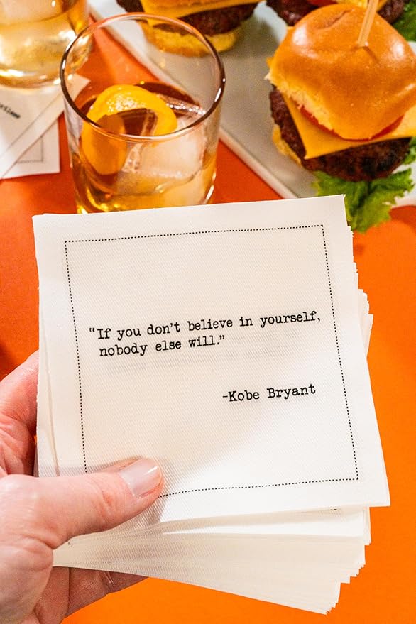 Five Star Napkins White Cocktail Napkins – 50 Luxury Cotton Disposable Cocktail Party Napkins with Quotes – 4.5" x 4.5" for Home Bars, Game Nights, Beverages, Birthdays, Weddings & Holidays