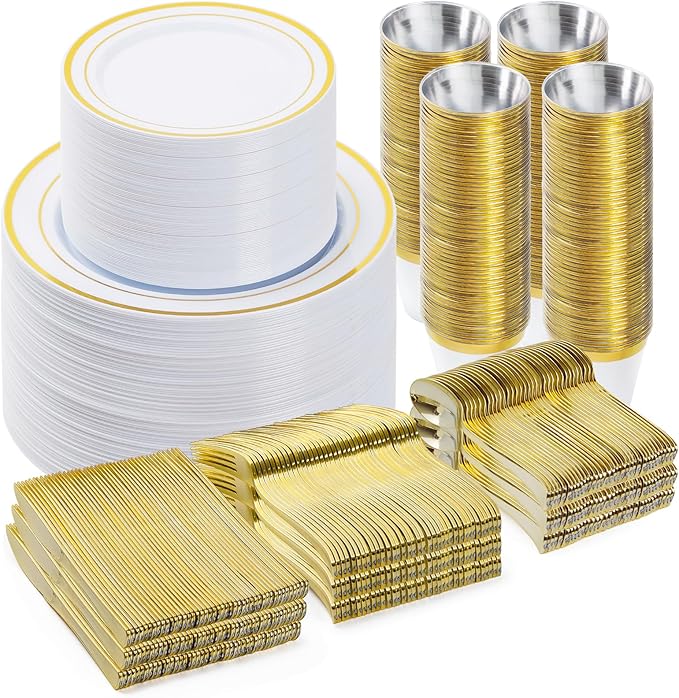BESTVIP 600PCS Gold Dinnerware Set for 100 Guests, Plastic Plates for Party, 100 Gold Disposable Plates, 100 Dessert Plates, 100 Cups, 100 Spoons, 100 Forks and 100 Knives