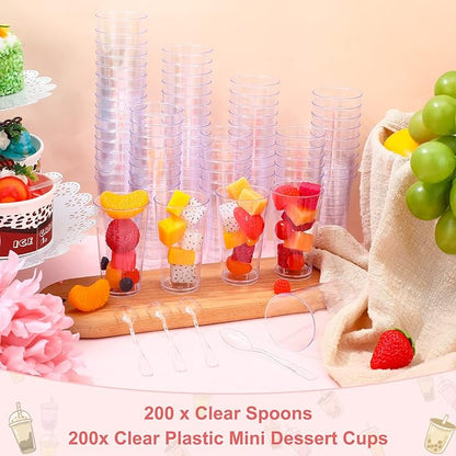CHENGU 3 oz Clear Plastic Mini Dessert Cups with Spoons - Round Parfait Appetizer Cups, Shot Glasses, Disposable Tall Tumbler for Dessert Tasting Party supplies (200 Pieces)