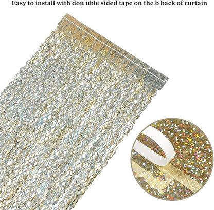 4 Pack Champagne Gold Fringe Curtain Backdrop - CYLMFC 3.3 ft x 6.6 ft Shimmer Wavy Foil Curtain for Birthday Party, Yellow Fringe Backdrop Streamers Party Decorations