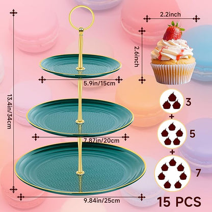 PinCute Cupcake Stand Holder - 3 Tier Cup Cake Dessert Stands, Plastic Tiered Serving Tray&Metal Rod for Birthday Party, Wedding, Tea Party, Baby Shower-Green