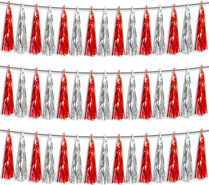 3P Red Silver Foil Fringe Metallic Tassel Streamers Banner Tassel Garland for Parade Floats, Bachelorette, Wedding, Birthday, Halloween, Christmas, Bridal/Baby Shower Party Decorations