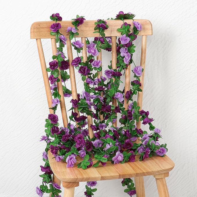 KHOYIME 5 Pack 40 FT Artificial Flower Garland, Fake Purple Roses Vines Silk Flowers Faux Plastic Outdoor Hanging Floral Ivy Garland Decoration for Wedding Arch Bedroom Home Wall Backdrop Room Decor