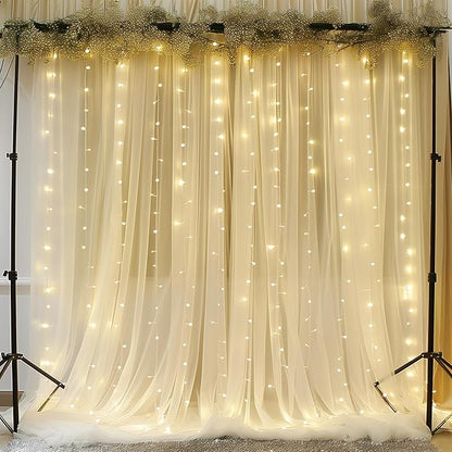 10ft x 10ft Beige Chiffon Backdrop Curtain with Lights String for Parites Wedding Wrinkle Free Curtain Photo Backdrops Drapes for Baby Shower Birthday Party Home Decorations